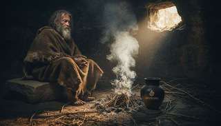 Ein Mensch aus der Steinzeit lässt Kräuter über dem offenen Feuer langsam im Rauch trocknen.