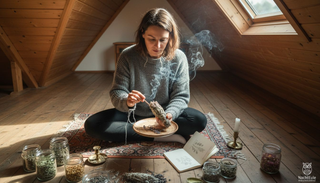 In einer gemütlichen Dachstube entzündet eine Frau Kräuter für ihr kleines Ritual.