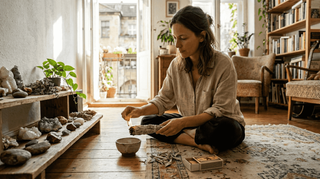 Eine Frau entzündet am offenen Fenster ein Bündel reinen Räucherwerks.