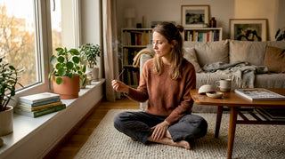 Eine Frau genießt die entspannte Atmosphäre in ihrem Wohnzimmer, während Räucherstäbchen einen angenehmen Duft verbreiten.