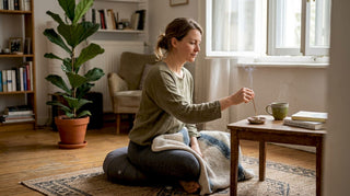 Im Wohnzimmer entzündet eine Frau ein Räucherstäbchen, um eine angenehme Atmosphäre zu schaffen.