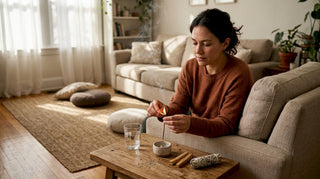 Eine Frau zündet Räucherstäbchen an und nimmt sich bewusst Zeit für ein achtsames Ritual.