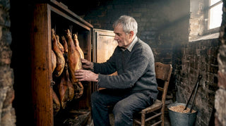 Ein Mann kontrolliert den Reifegrad seines Schinkens im Räucherschrank.