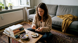 Eine Frau lässt im Wohnzimmer Palo Santo-Räucherholz anbrennen.