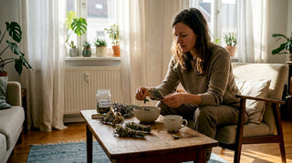 Eine Frau verräuchert duftende Kräuter im Wohnzimmer und erfüllt den Raum mit aromatischem Rauch.