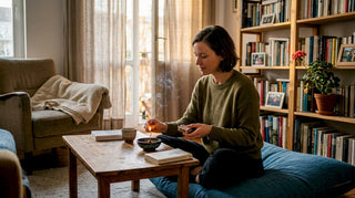 Eine Frau lässt im Wohnzimmer Räucherstäbchen brennen.