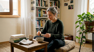 Eine Frau räuchert ihr Wohnzimmer und schafft so eine gemütliche Atmosphäre.