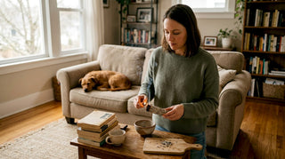 Eine Frau lässt im Wohnzimmer Salbeirauch aufsteigen.