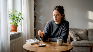 Eine Frau entzündet im Wohnzimmer ein Räucherstäbchen.
