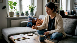 Eine Frau lässt im Wohnzimmer Räucherstäbchen abbrennen.