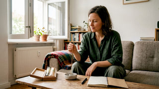 Eine Frau begutachtet Räucherstäbchen am offenen Fenster.