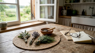 Kräuter zum Räuchern – dekorativ auf dem Küchentisch arrangiert