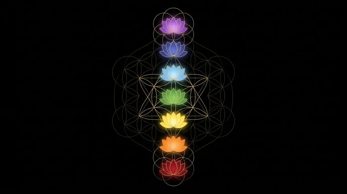 Die 7 Chakren – Lotus-Symbole in Regenbogenfarben
