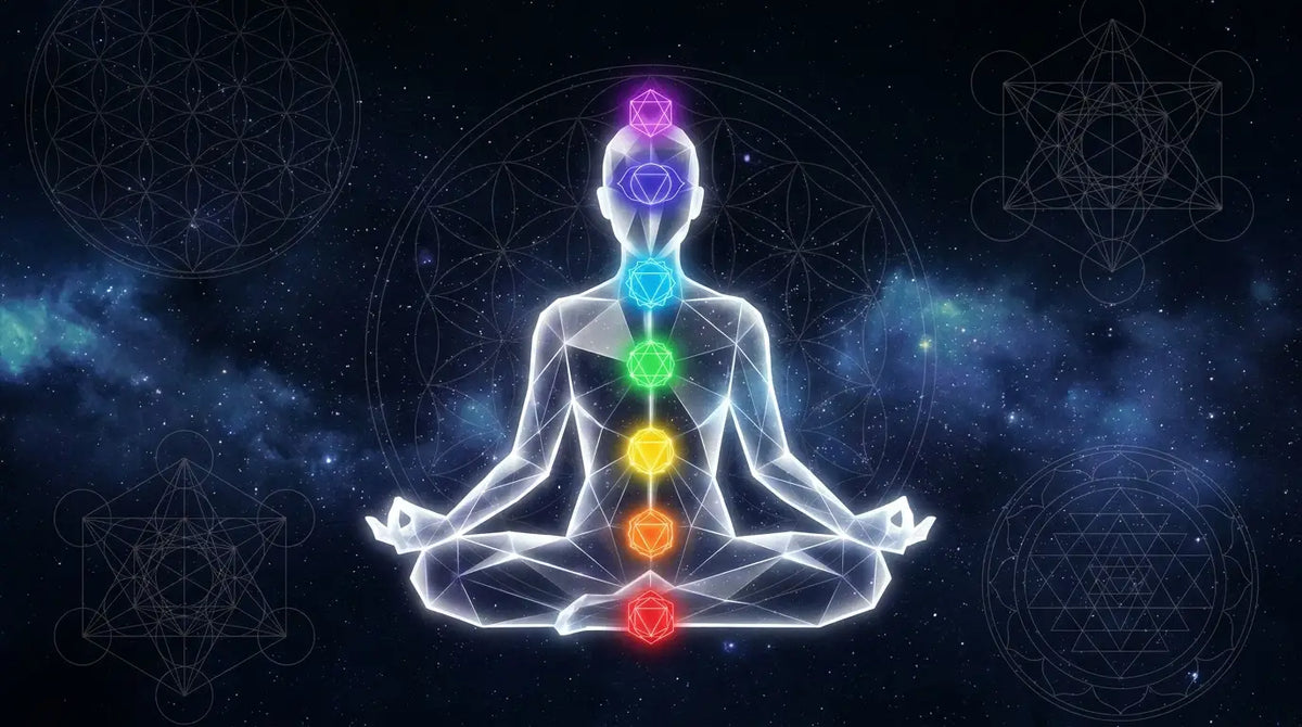 Chakra-Meditation – Silhouette mit Chakra-Punkten