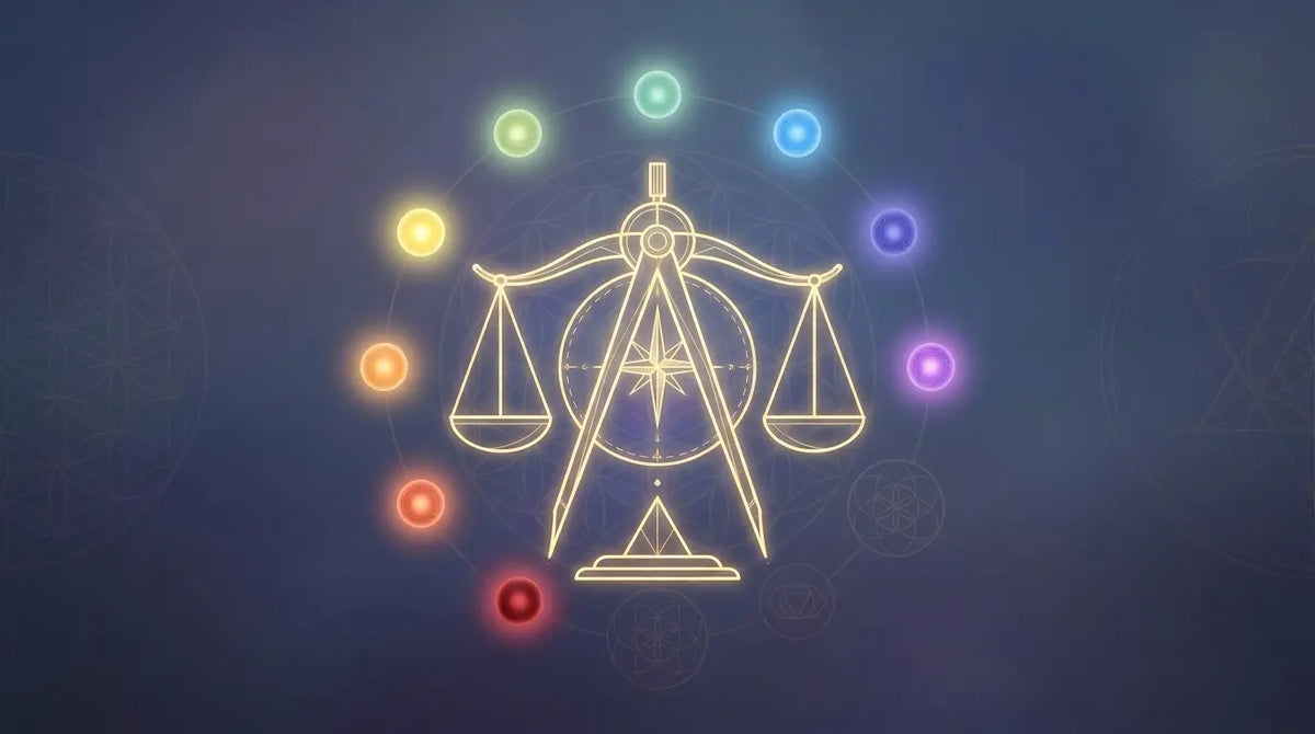 Chakra-Test – Goldene Waage mit sieben Chakra-Energiekugeln