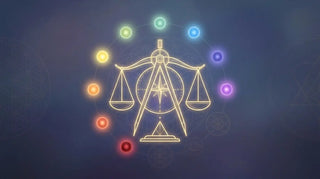 Chakra-Test – Goldene Waage mit sieben Chakra-Energiekugeln