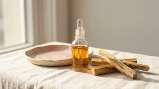 Palo Santo Öl im Glasfläschchen neben Palo Santo Holz