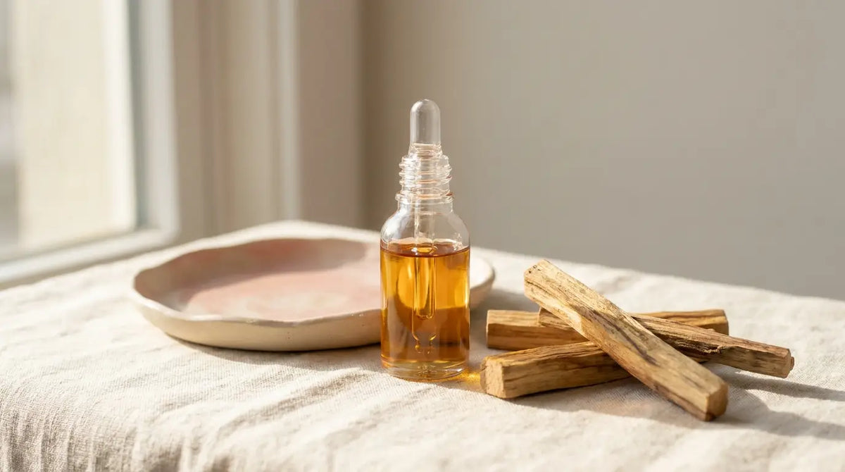 Palo Santo Öl im Glasfläschchen neben Palo Santo Holz