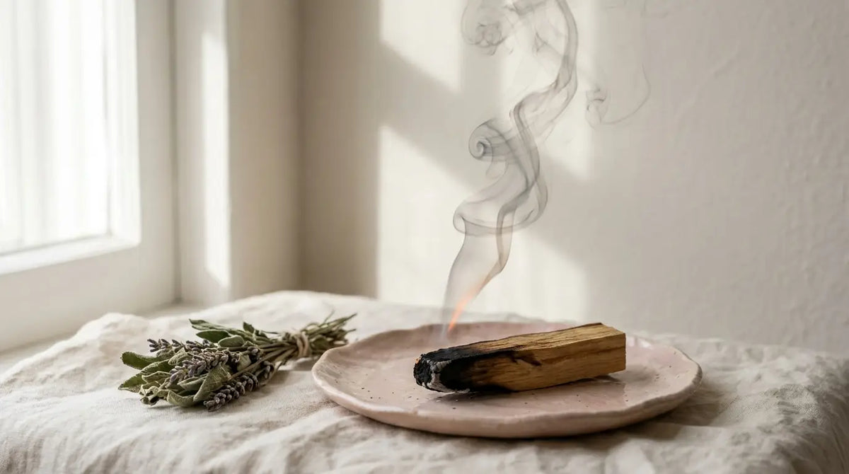 Glimmendes Palo Santo Holz mit Rauch auf rosé Keramikschale – Wirkung von Palo Santo
