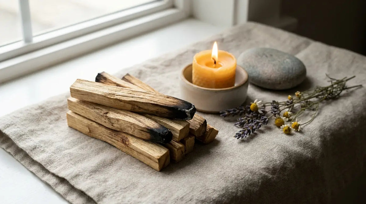 Palo Santo Holz mit Kerze auf Leinen – spirituelle Bedeutung des heiligen Holzes