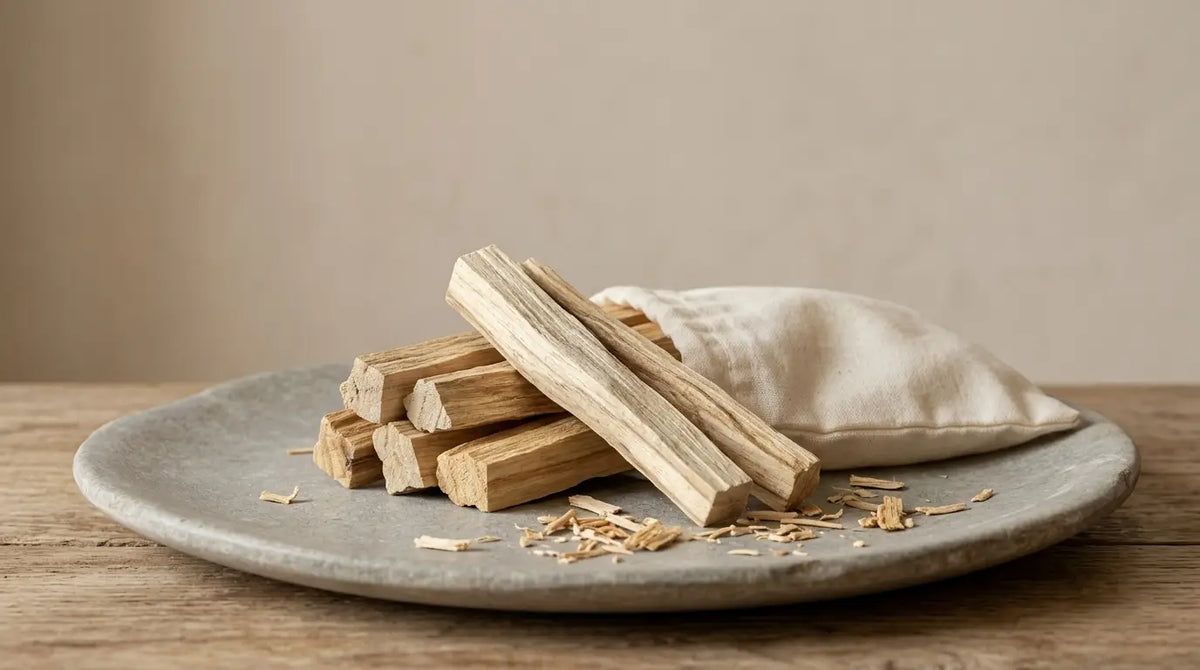 Echtes Palo Santo Holz auf Steinplatte mit Baumwollbeutel – heiliges Holz aus Südamerika