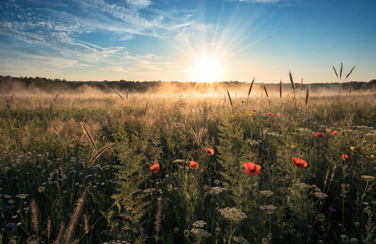 Litha – Sommerwiese mit Mohn im goldenen Sonnenaufgang