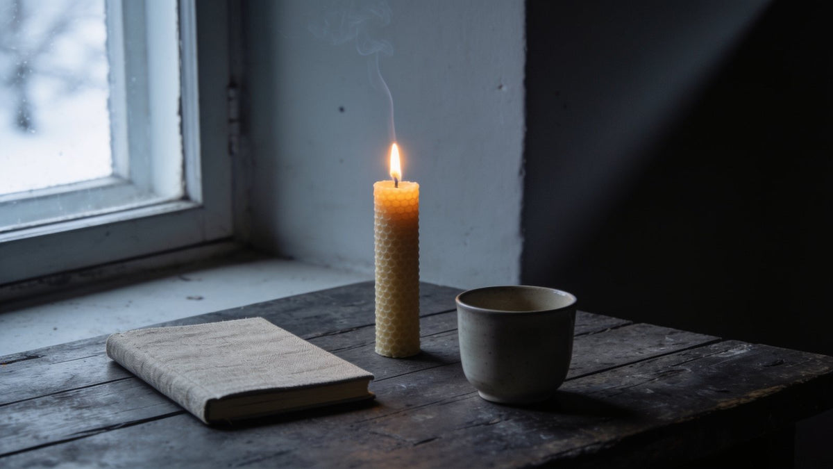 Brennende Kerze neben einem Notizbuch auf einem dunklen Holztisch im kalten Winterlicht – ein Rauhnachts-Ritual zu Hause