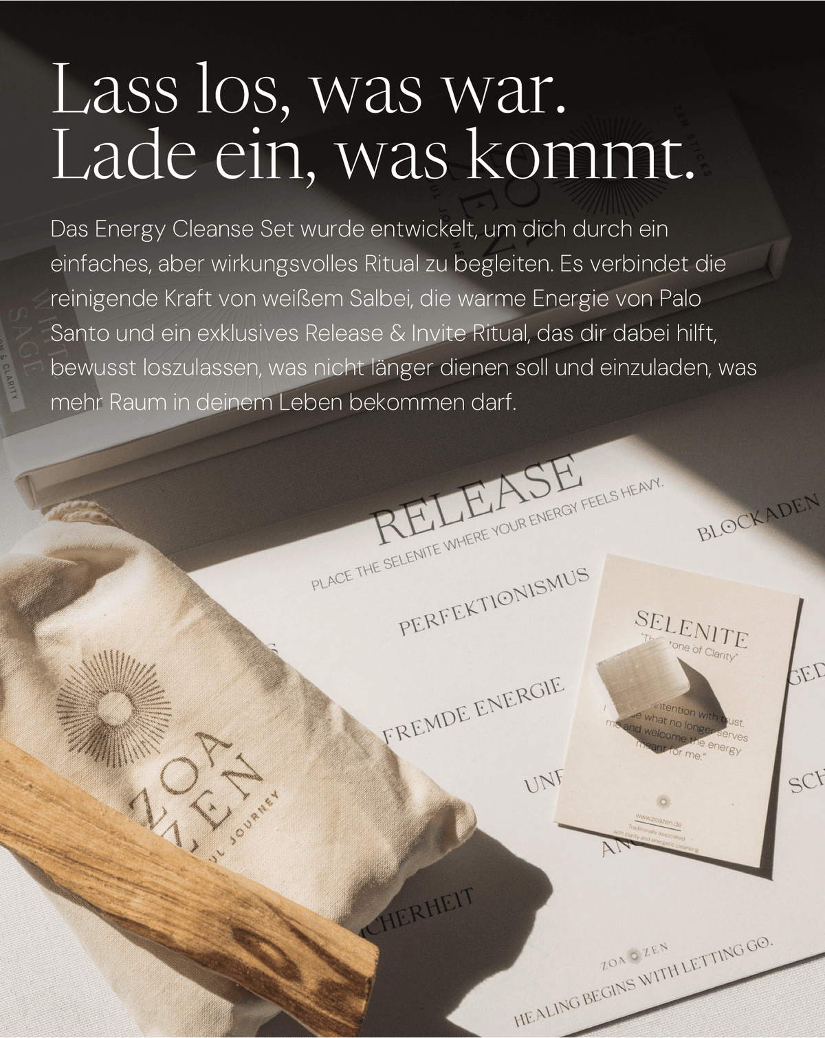 Energy Cleanse Ritual Set von ZoaZen – energetische Reinigung mit White Sage, Palo Santo und Release-&-Invite-Ritual – Detailaufnahme