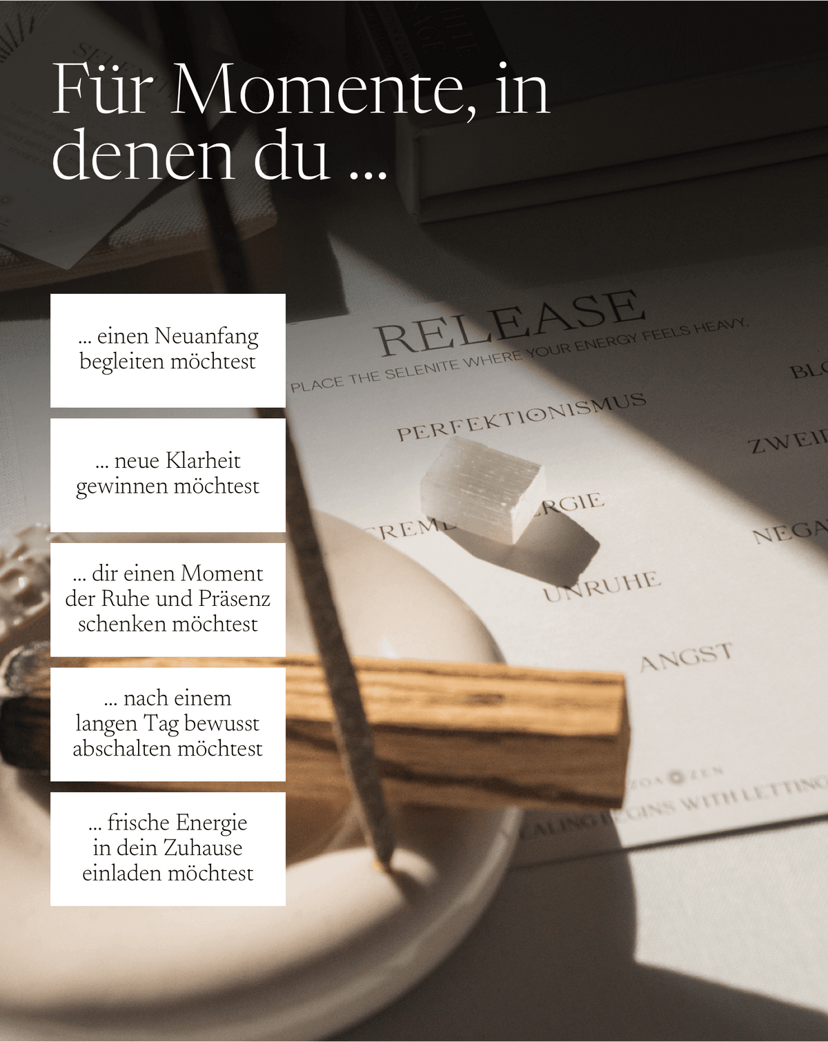Energy Cleanse Ritual Set von ZoaZen – energetische Reinigung mit White Sage, Palo Santo und Release-&-Invite-Ritual – Verpackung im Detail