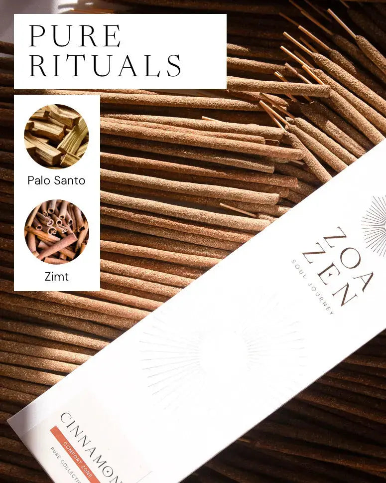 Cinnamon Zen Sticks von ZoaZen – natürliche Zimt-Räucherstäbchen der Pure Collection für Wärme und Geborgenheit – Detailaufnahme