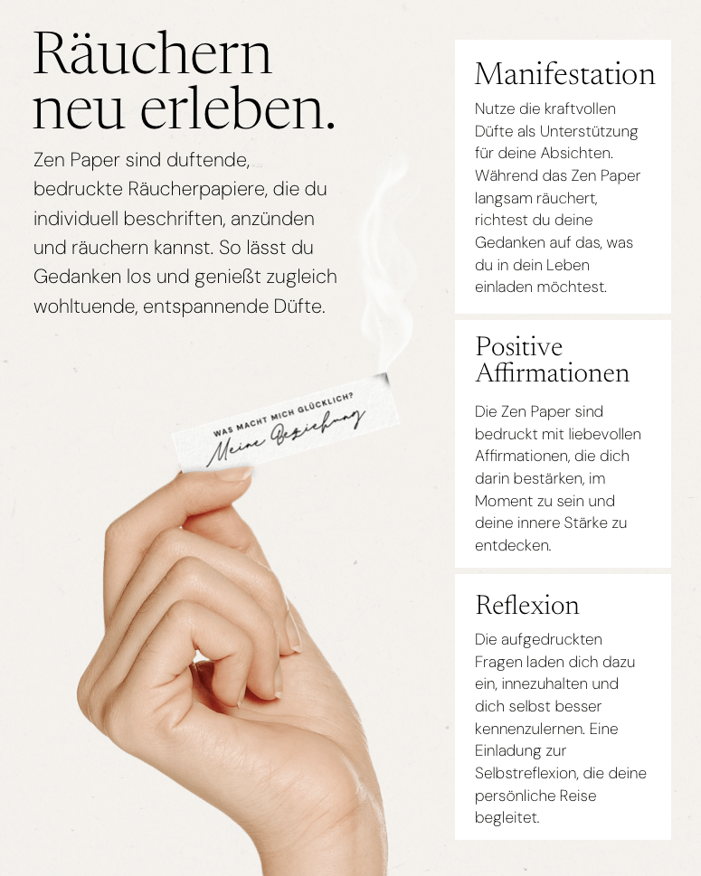 Duftendes Zen Papier mit Affirmationen zum Räuchern in der Hand, ideal für Meditation und Selbstreflexion.