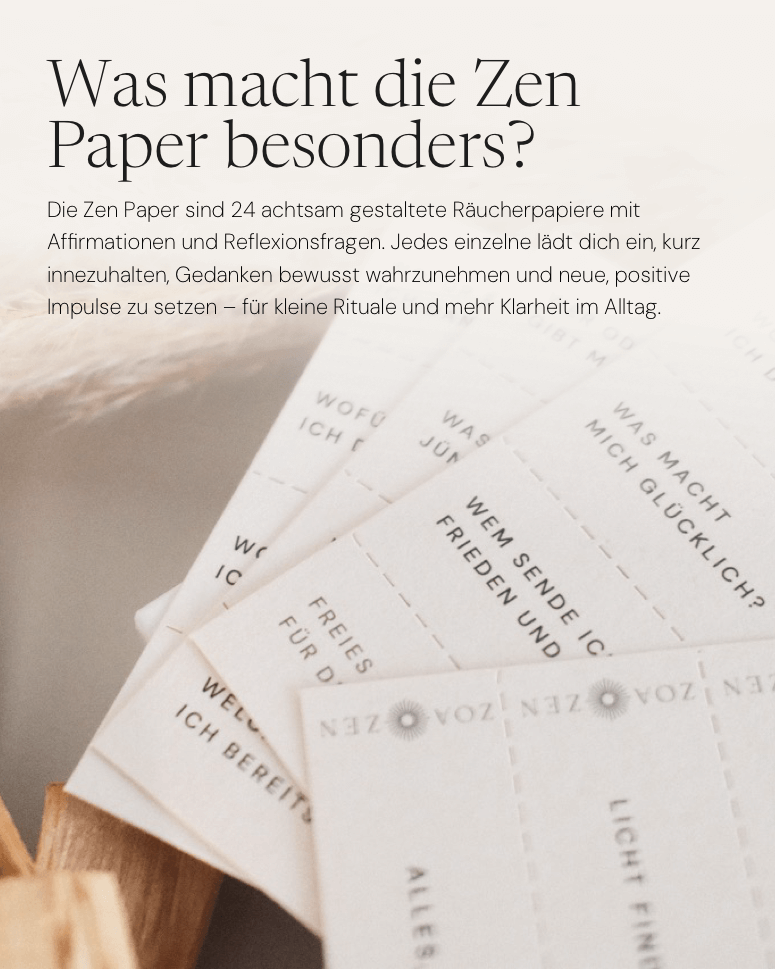 Zen Paper: 24 hochwertige Räucherpapierkarten mit Affirmationen und Reflexionsfragen, beige, für kleine Rituale.