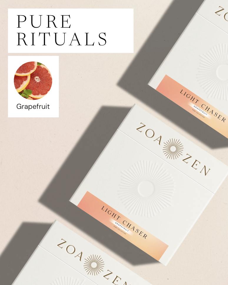 Zoa Zen Light Chaser Grapefruit, elegante Verpackung in weiß, Limited Edition für erfrischende Rituale.