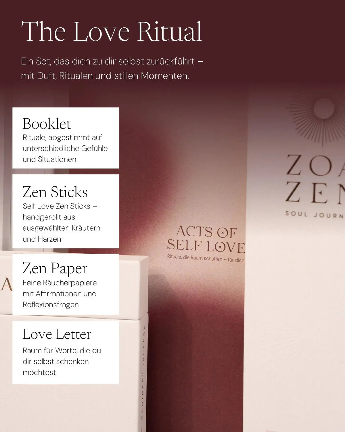 The Love Ritual Geschenkset von ZoaZen – Selbstliebe-Ritual-Set mit Zen Paper – Produktansicht
