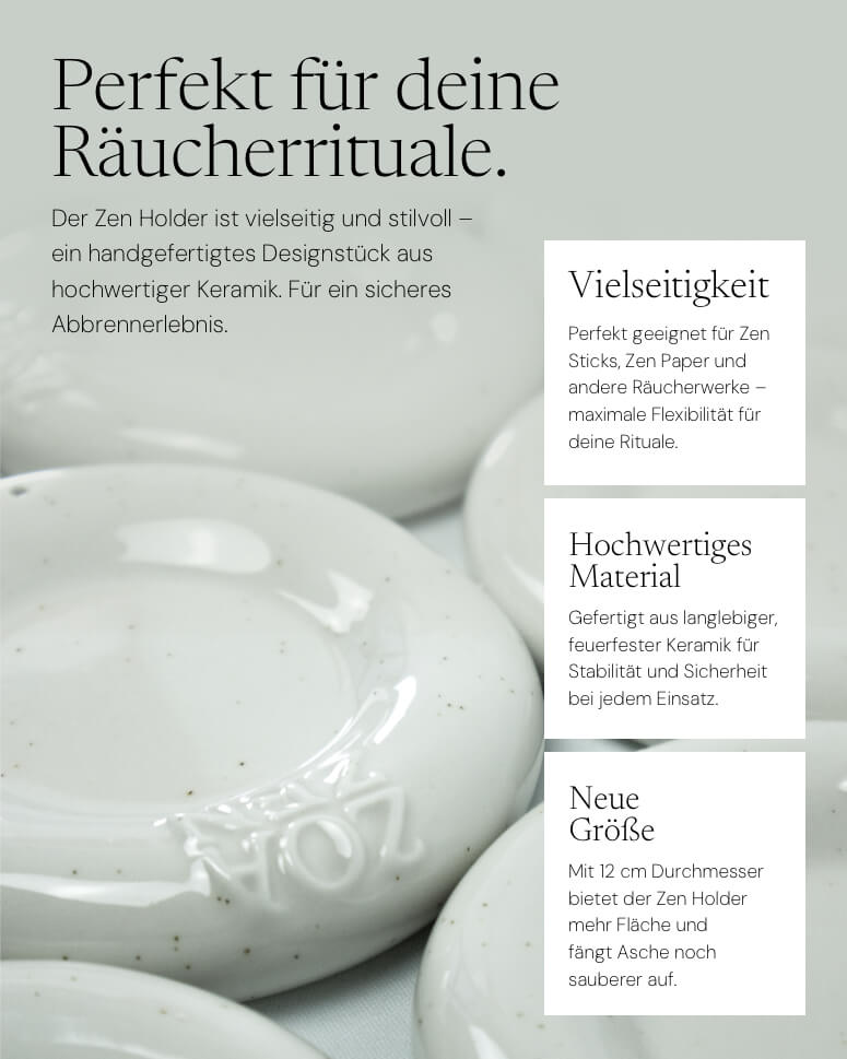 Vielseitiger Zen Holder aus hochwertiger Keramik, weiß, 12 cm Durchmesser, ideal für Zen Sticks und Papier.