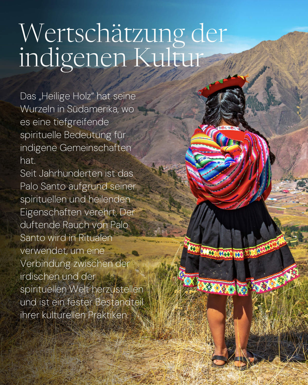 Frau in traditioneller Kleidung mit bunter Umhängetasche und schwarzem Rock im Anden-Landschaftshintergrund.