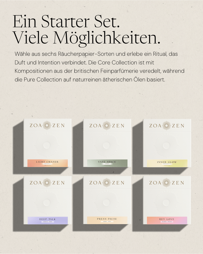ZoaZen Starter Set – 6 Räucherpapier-Produkte der Core Collection im Überblick, alle Düfte auf einen Blick