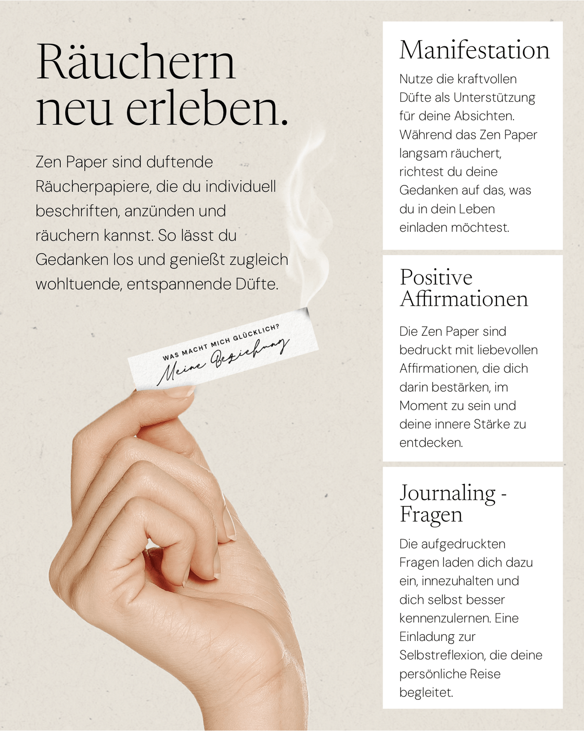 Zen Paper: Duftendes Räucherpapiere in Hand, ideal für Manifestation und positive Affirmationen.