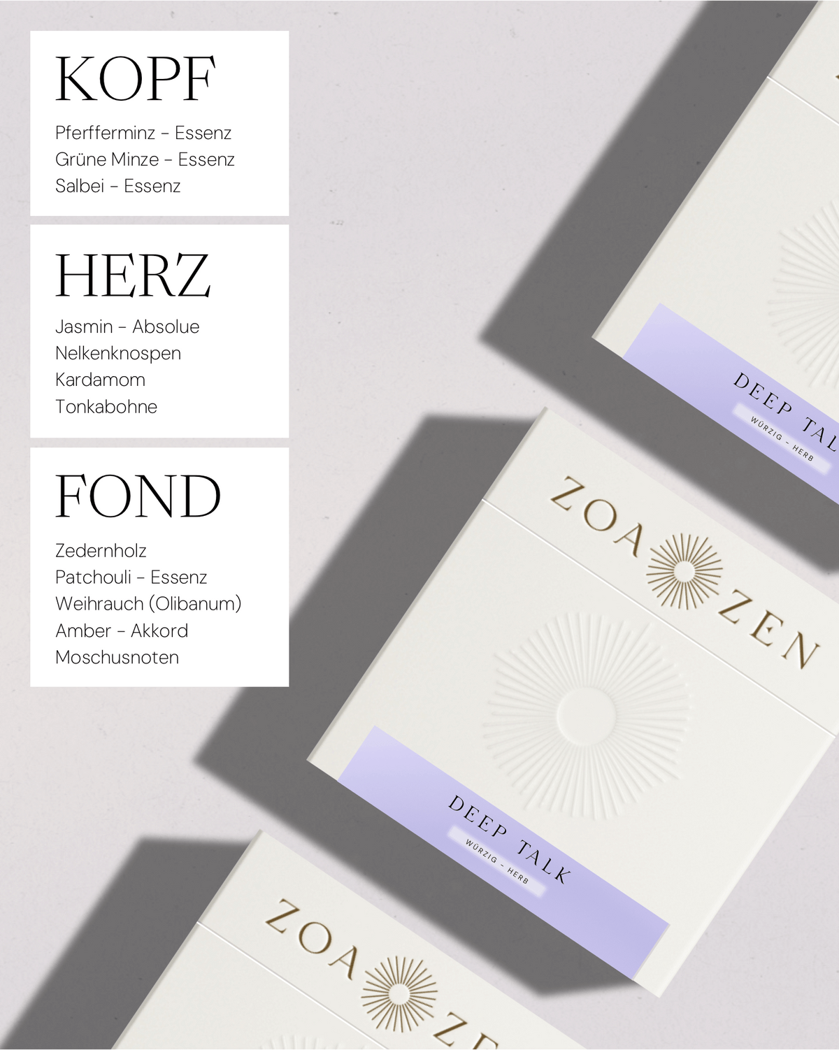 Zoa Zen Deep Talk Duftbox, enthält Pfefferminze, Jasmin und Zedernholz, elegant und aromatisch.