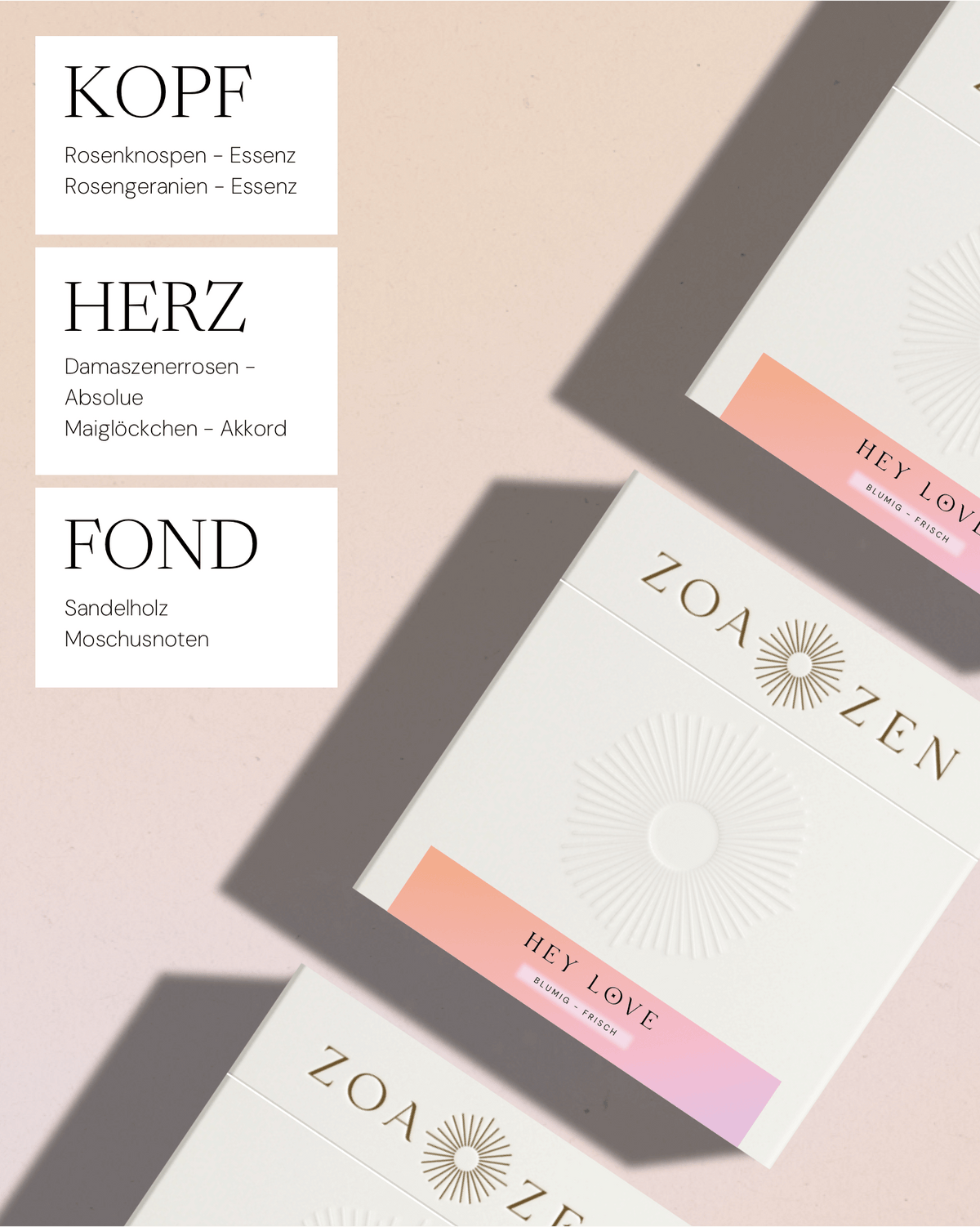 Zoa Zen Parfüm Hey Love, blumig-frisch, mit Essenzen von Rosen und Sandelholz, elegante Verpackung.