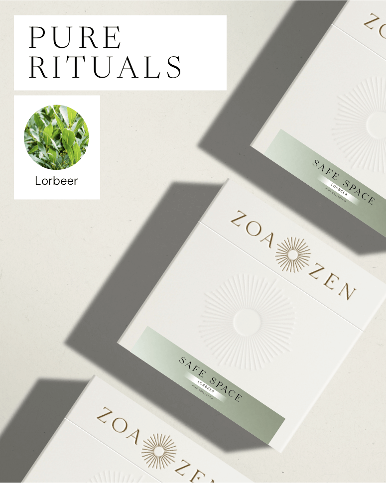 ZOA ZEN SAFE SPACE Produktbox mit Lorbeer, elegant und minimalistisch, ideal für entspannende Rituale.