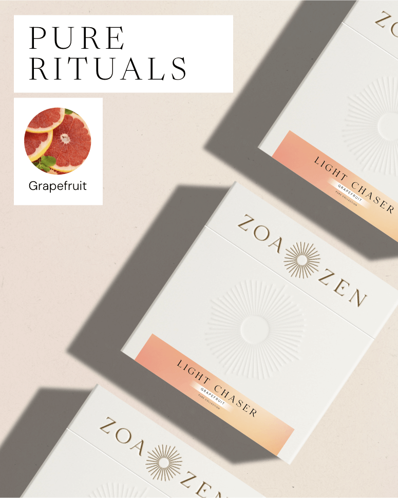 Zoa Zen Light Chaser Grapefruit, elegantes, weißes Design für eine entspannende Duftgabe.