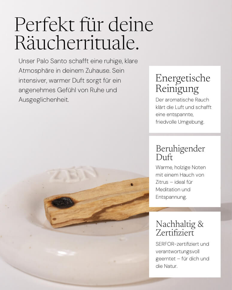 Zertifiziertes Palo Santo Holz auf einer weißen Zeremonienplatte, ideal für Räucherrituale und Entspannung.