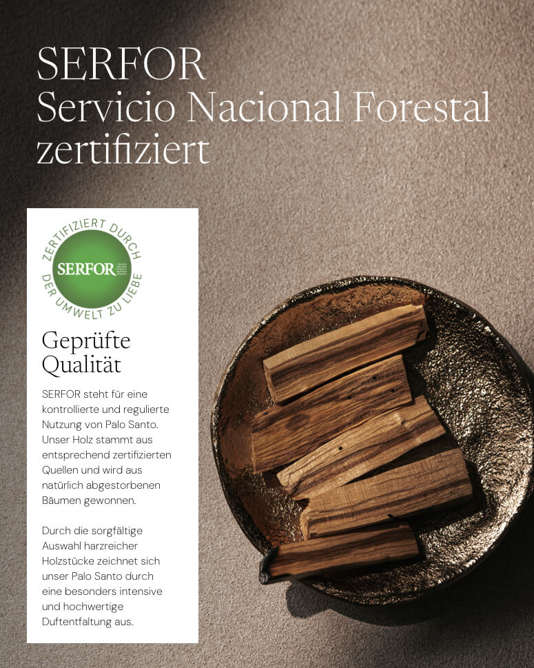 Naturbelassene Palo Santo Holzstücke in einer dekorativen Schale, zertifiziert von SERFOR für Umweltfreundlichkeit