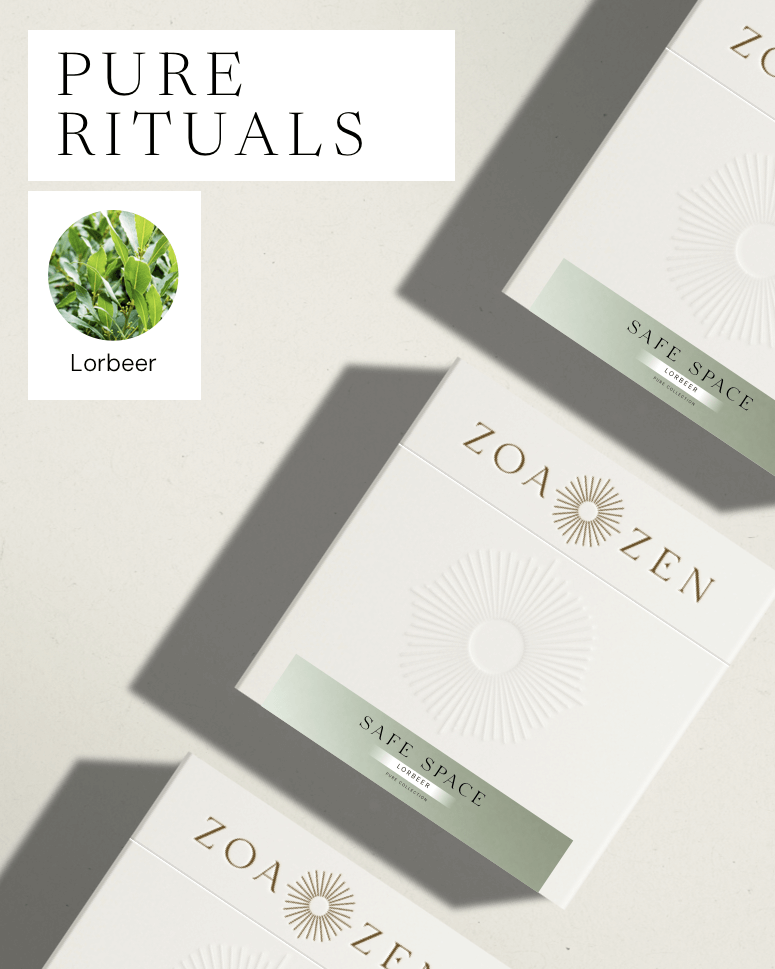Zoa Zen Safe Space, Lorbeer, weiße Verpackung für entspannende Rituale, rein natürliche Inhaltsstoffe.