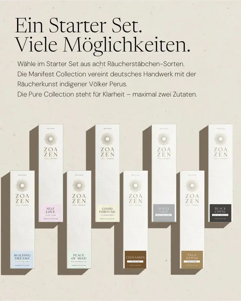 Zen Sticks Starter Bundle von ZoaZen – Einsteiger-Set mit natürlichen Räucherstäbchen und Keramik-Zen-Holder