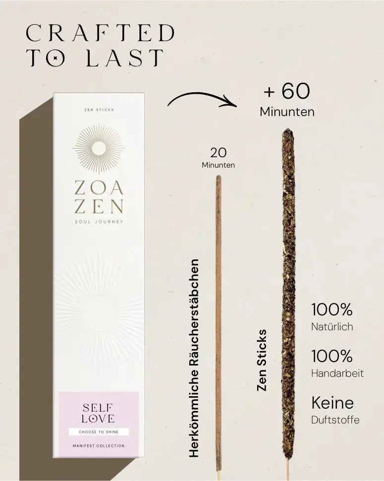 Zen Sticks Starter Bundle von ZoaZen – Einsteiger-Set mit natürlichen Räucherstäbchen und Keramik-Zen-Holder – Verpackung im Detail