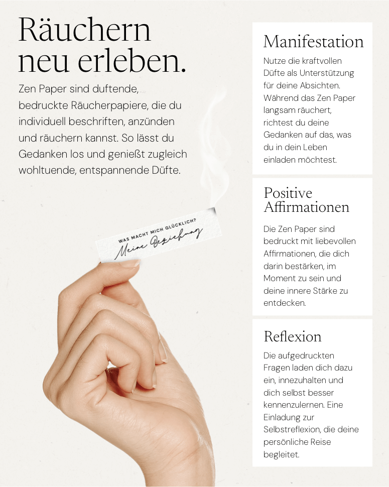 Duftendes Zen Paper in Hand, bedruckt mit Affirmationen für positive Meditation und Selbstreflexion.