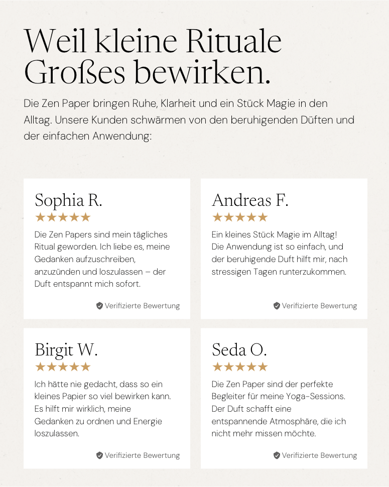 Zen Paper in verschiedenen Düften zur Entspannung und Klarheit, ideal für tägliche Rituale und Yoga-Sessions.