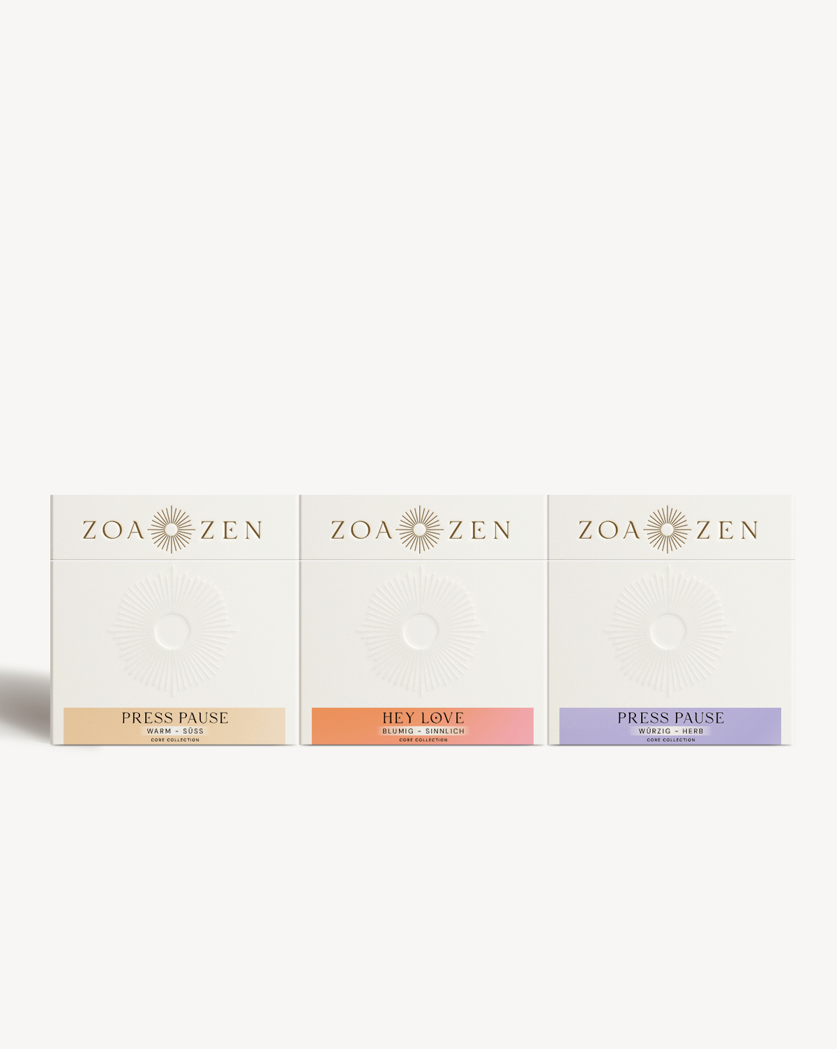 Zoa Zen Duftkerzen-Set, 3 verschiedene Düfte in eleganter Verpackung, warm, blumig und würzig.